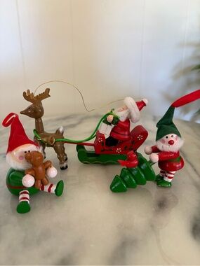 Vintage Wood Christmas Elf Santa Reindeer Tree Ornaments Lot Scandinavian set